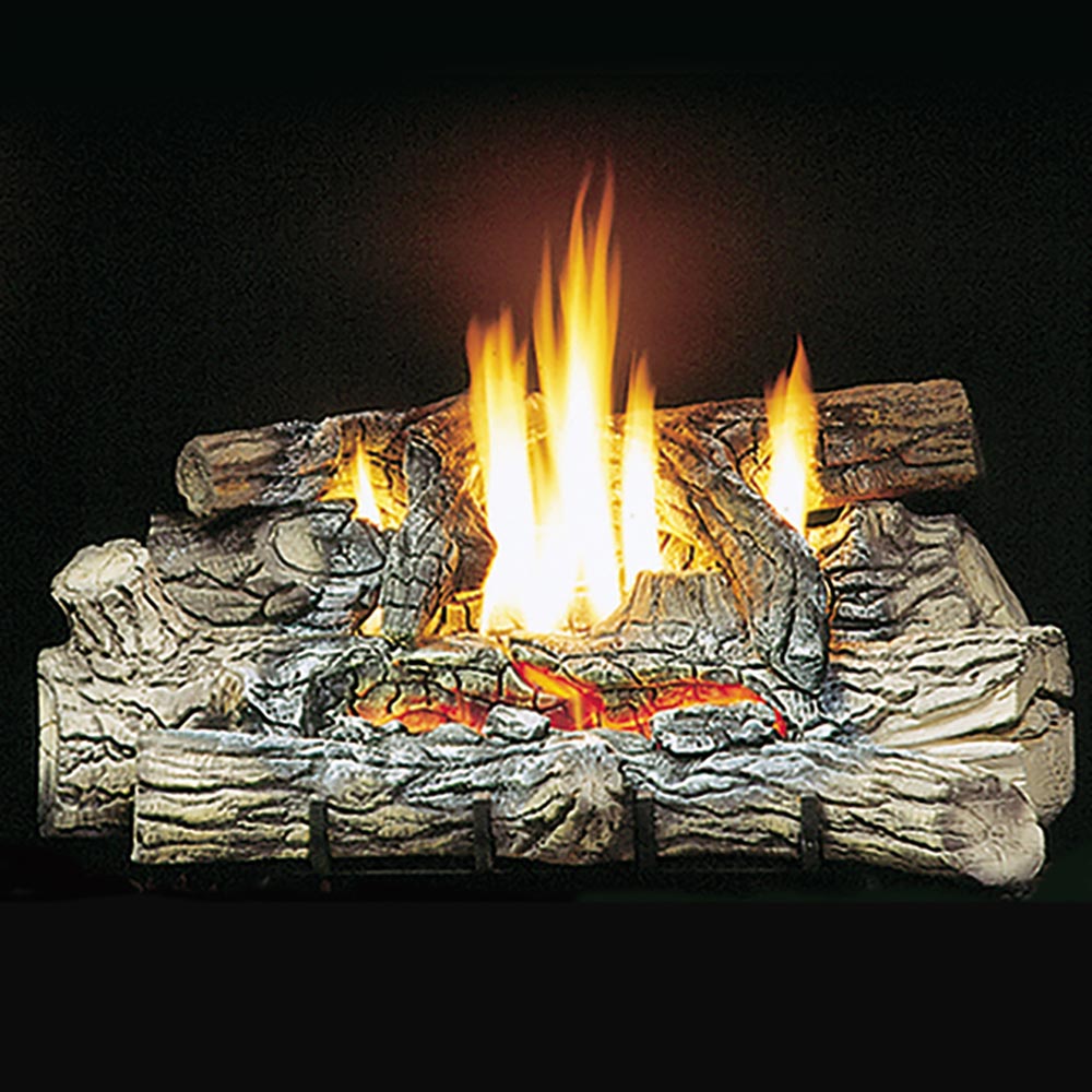 Vent-free gas log set with split oak logs and bright open flames