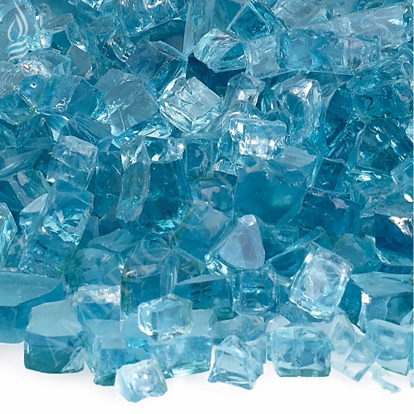 Translucent blue fire glass cubes with icy clarity, close-up of glass chunks