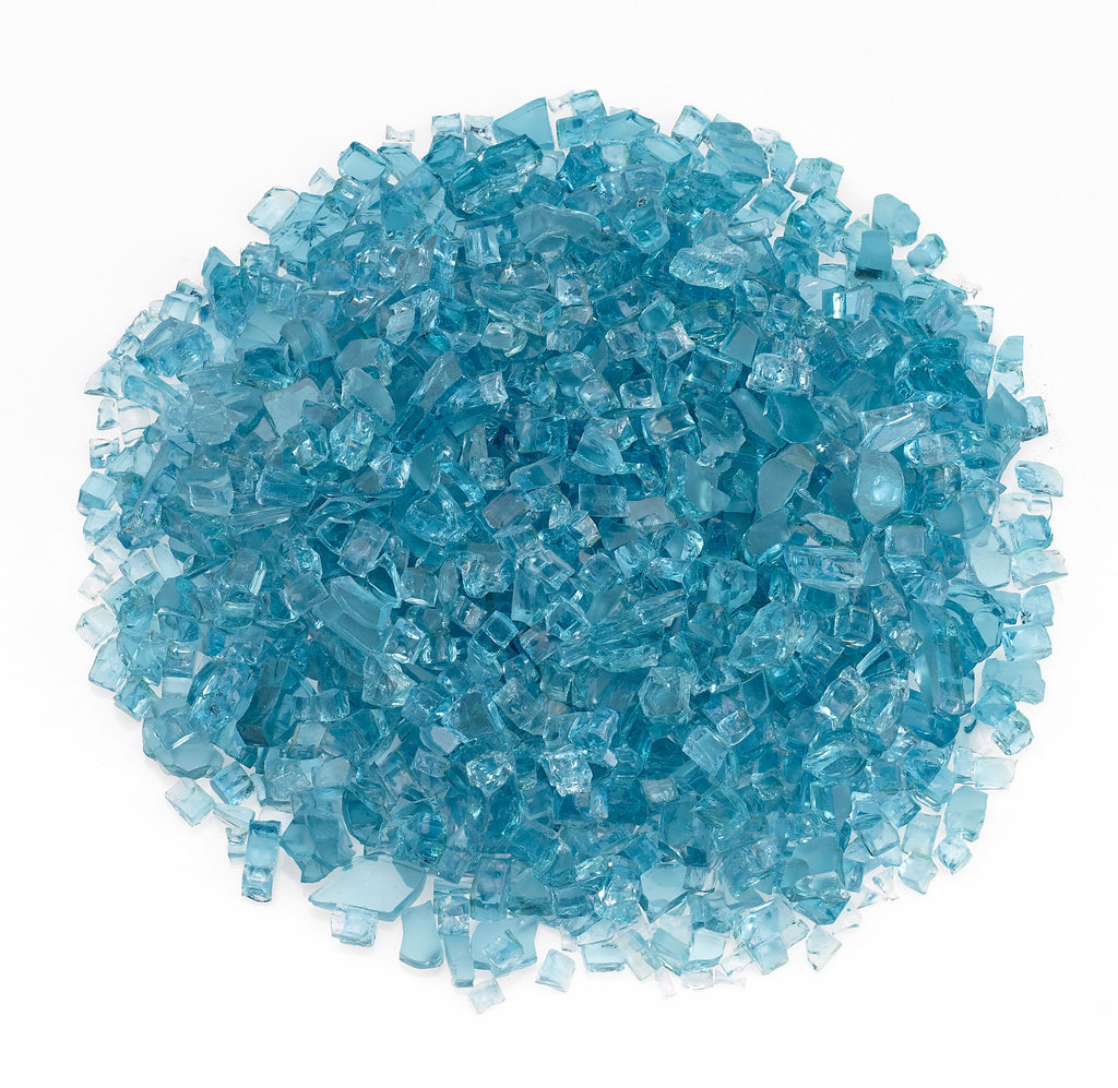 Blue and green fire glass rocks, mixed glass cubes, translucent, bulk pile