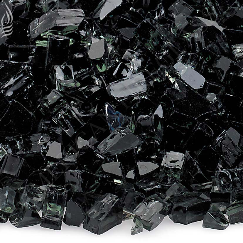 Black fire glass fragments close-up, glossy crushed shards with sharp edges