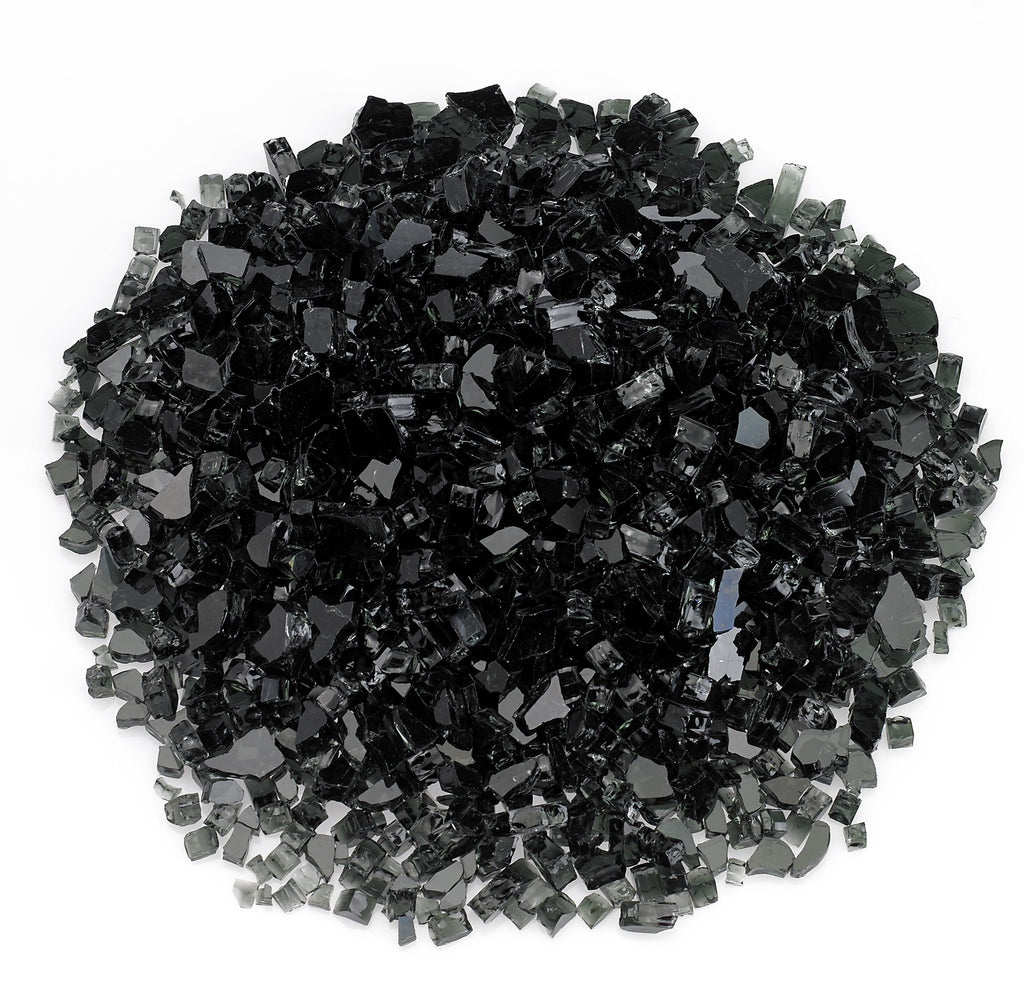 Black fire glass, crushed shards pile with glossy reflective pieces
