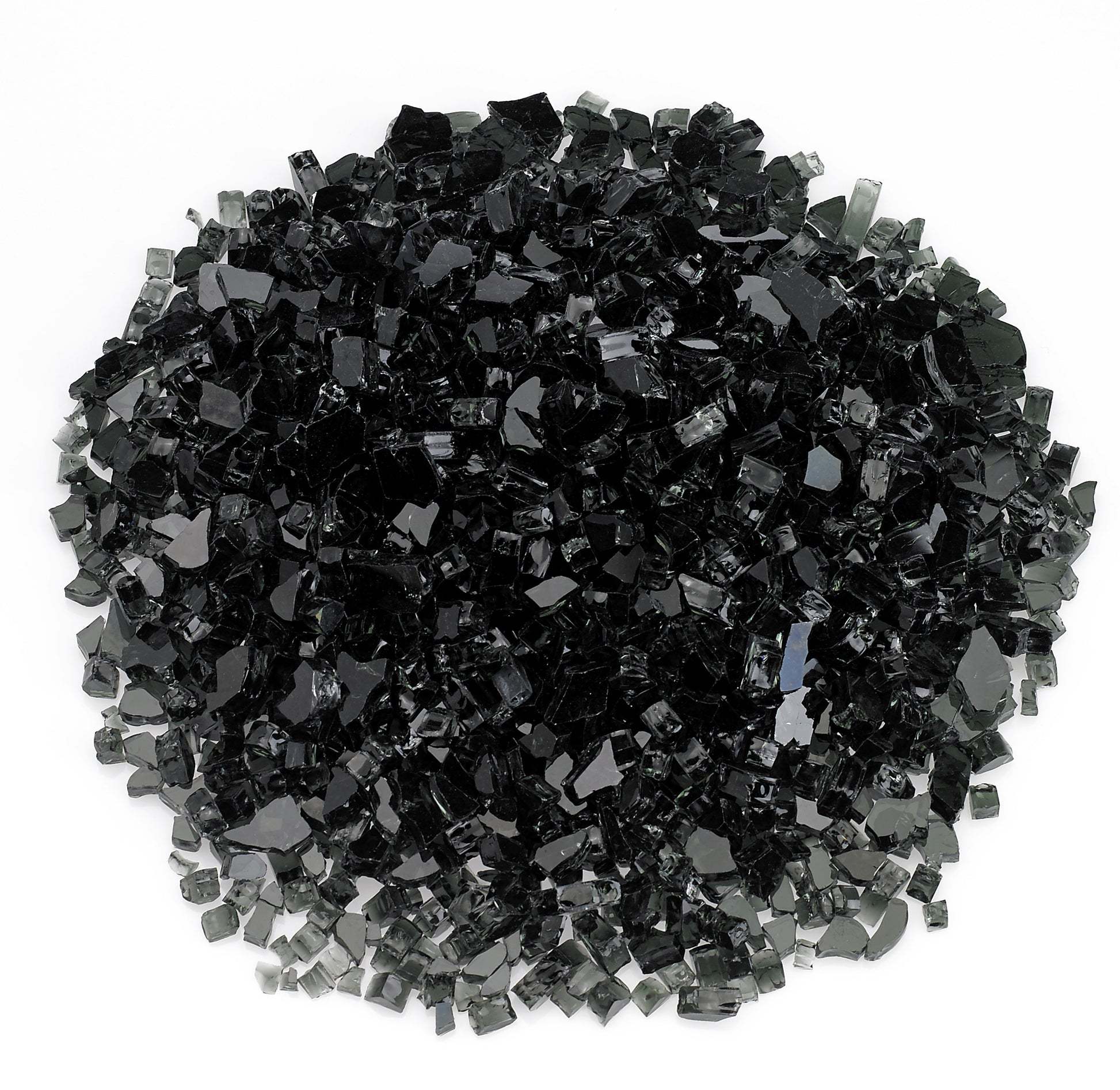 Black fire glass, crushed shards pile with glossy reflective pieces