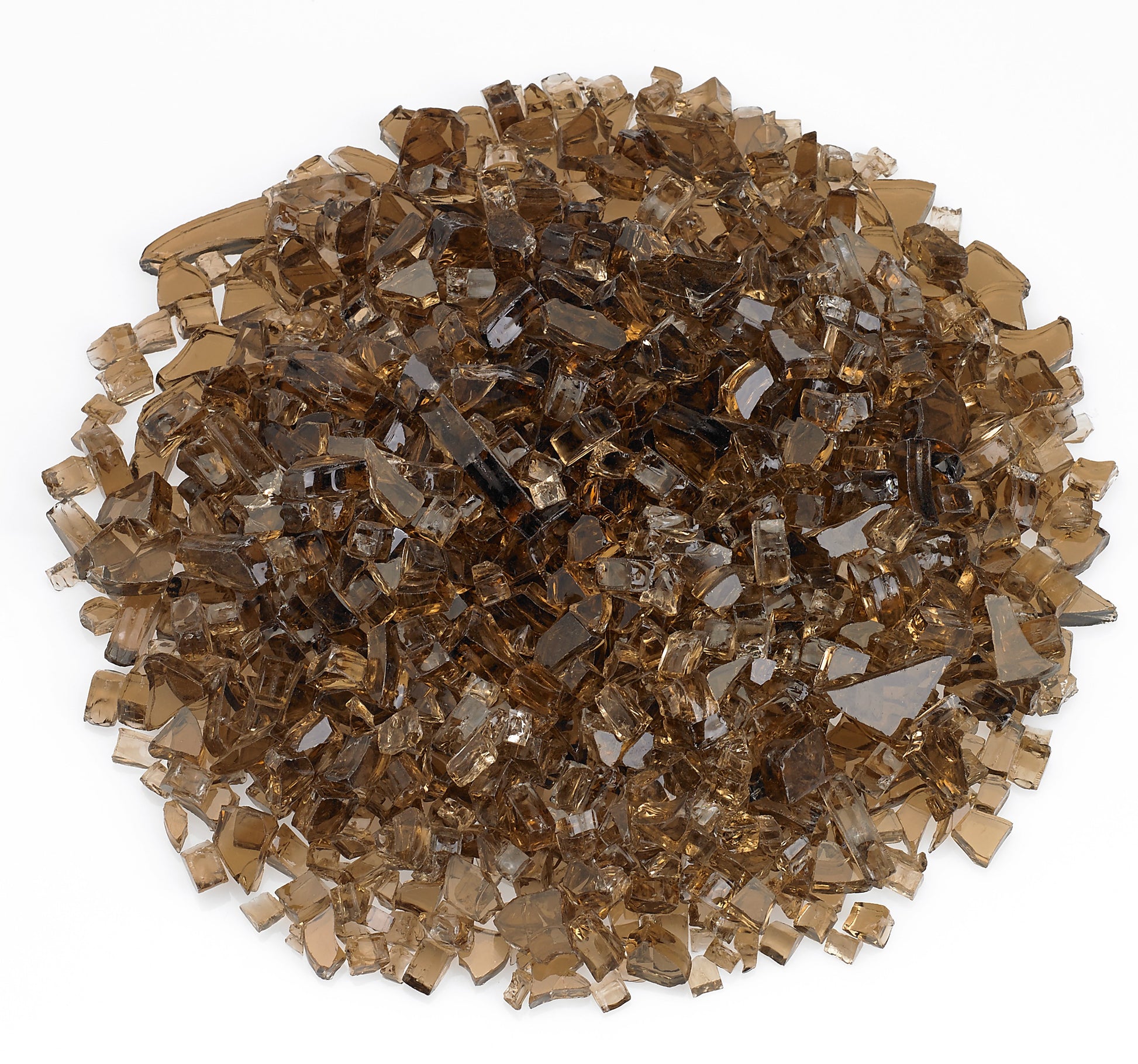 Copper fire glass shards in a heap, clear and bronze reflective pieces