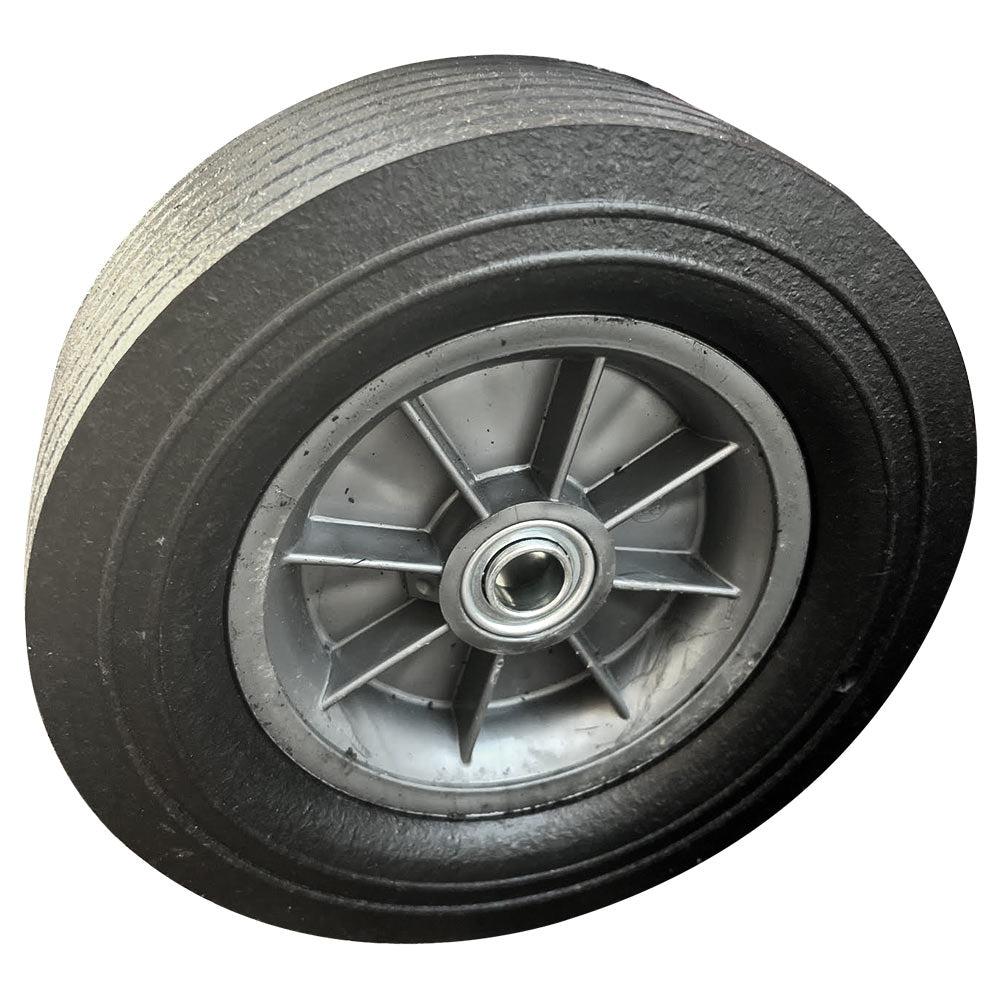 Replacement semi-solid wheel, black tire with gray spoked rim and metal hub
