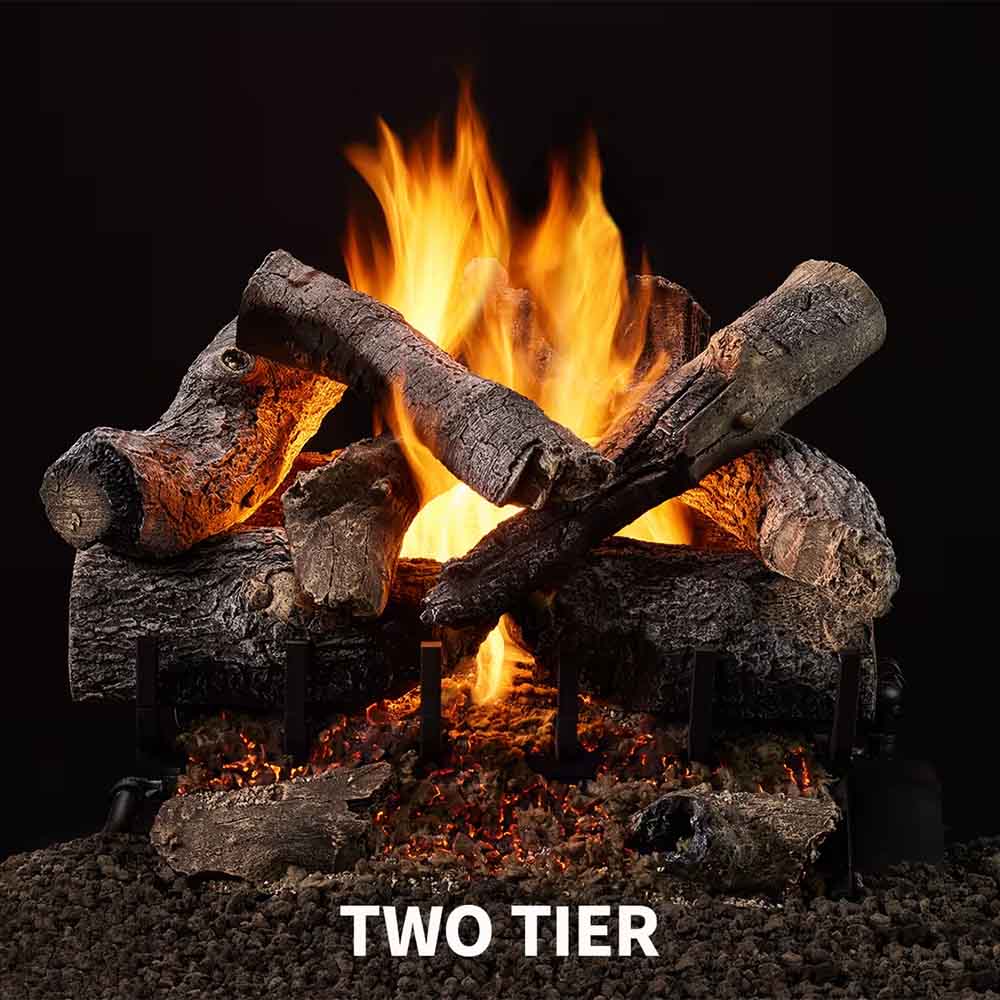 Majestic GO330 vented gas log set, two-tier burning oak-style logs with flames