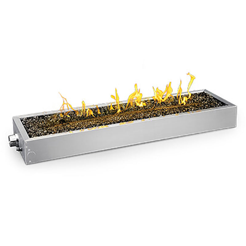 Linear gas fire pit burner pan with lava rocks and visible flames, rectangular shape