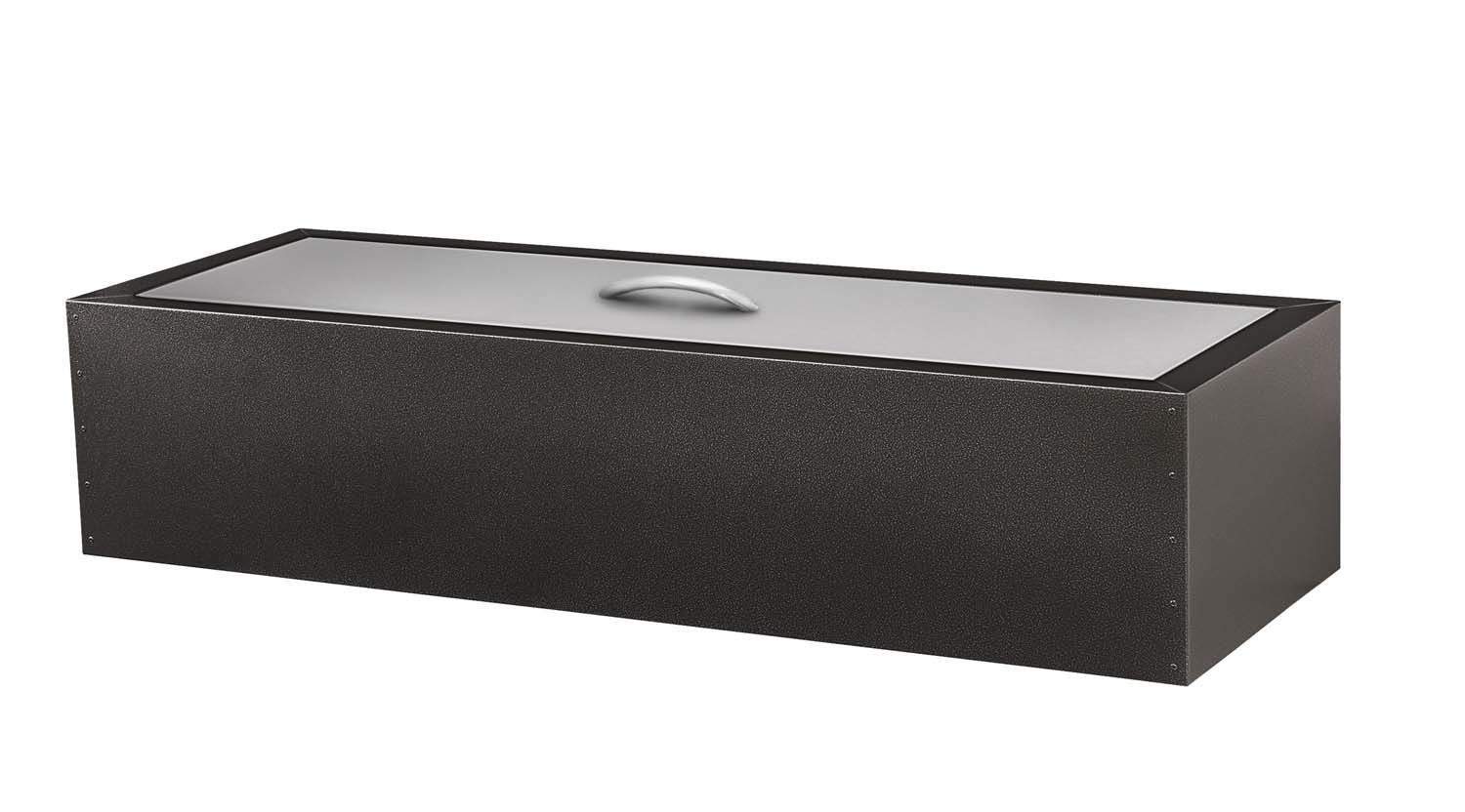 Rectangular dark gas fire pit with closed lid and central top handle