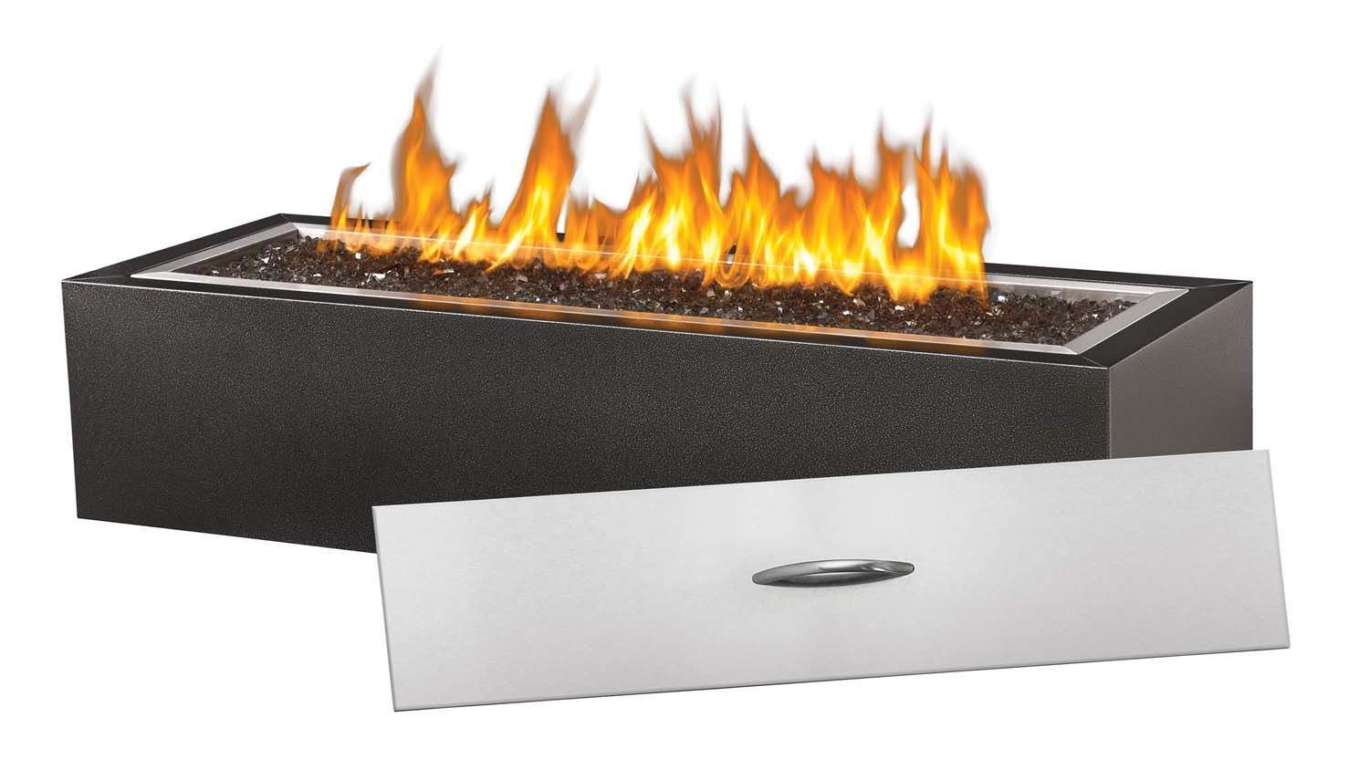 Rectangular dark gas fire pit with flames and white front access panel