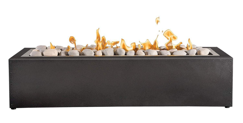 Rectangular dark gas fire pit with burner pan, stones, and visible flames