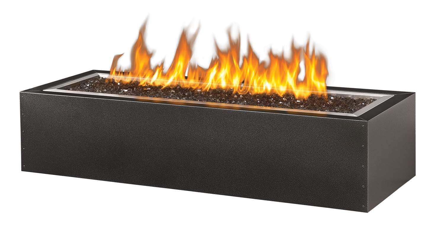 Rectangular dark metal gas fire pit with open burner pan and flames