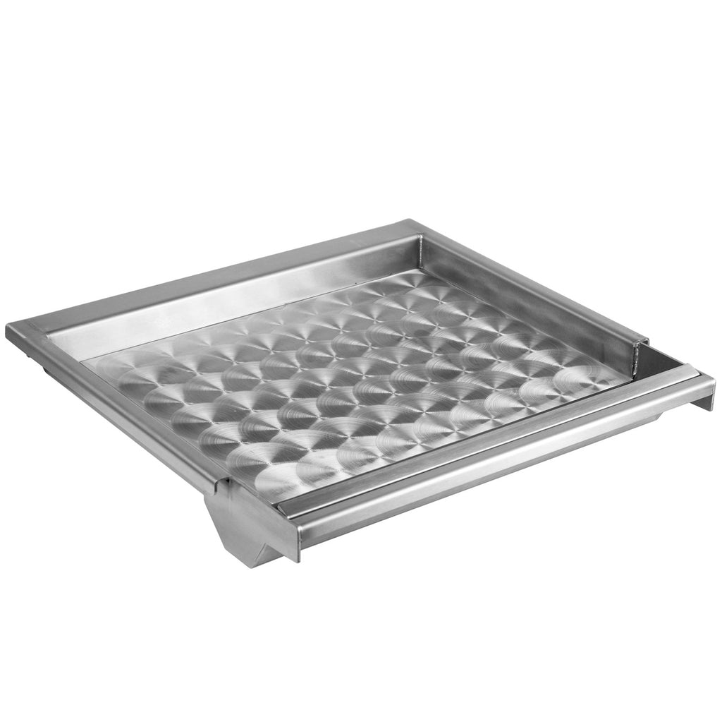 Stainless steel griddle with diamond pattern and raised sides for outdoor grill