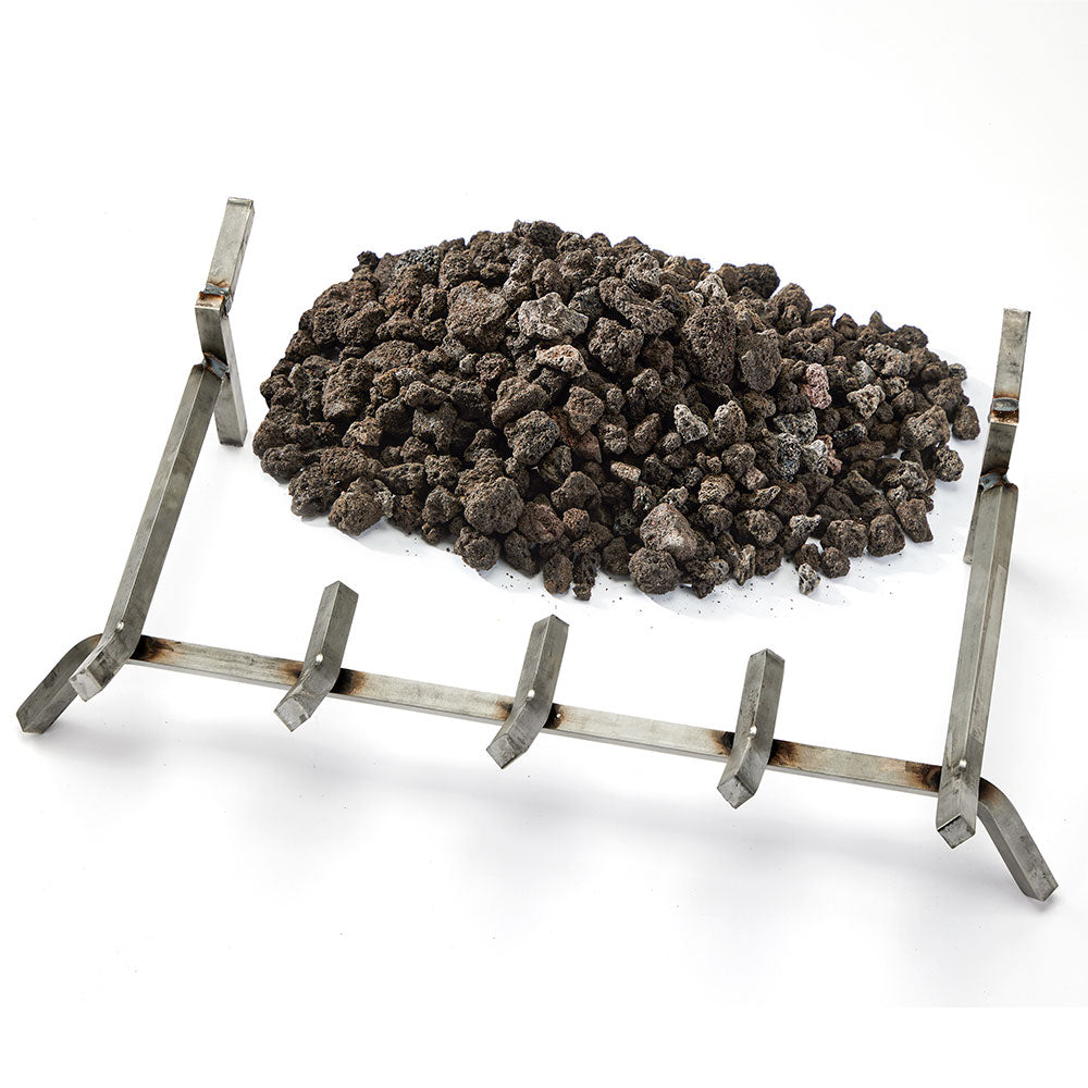 Stainless steel fire grate filled with dark lava rock stones