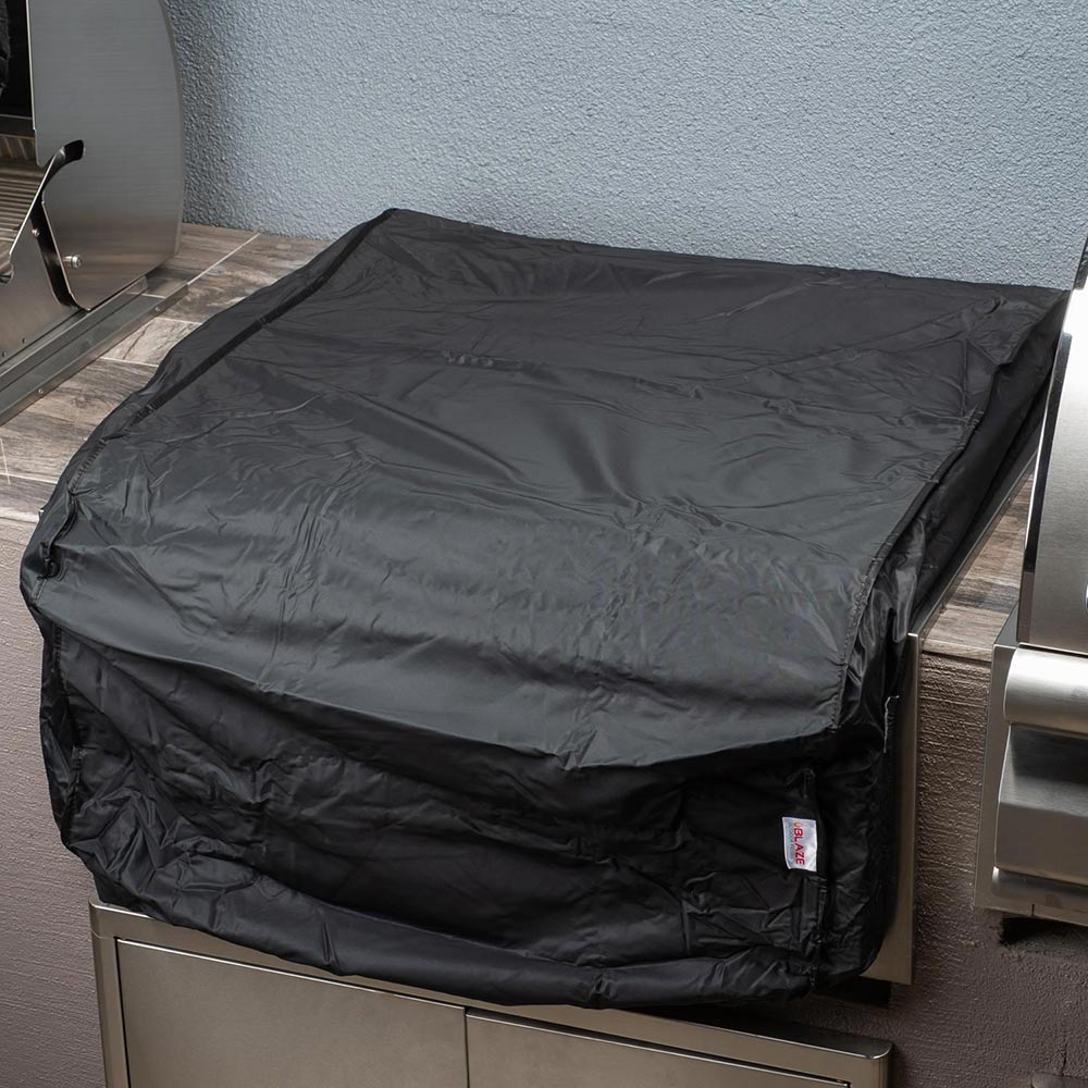 Blaze vinyl griddle cover, dark charcoal, fitted top flap on outdoor griddle