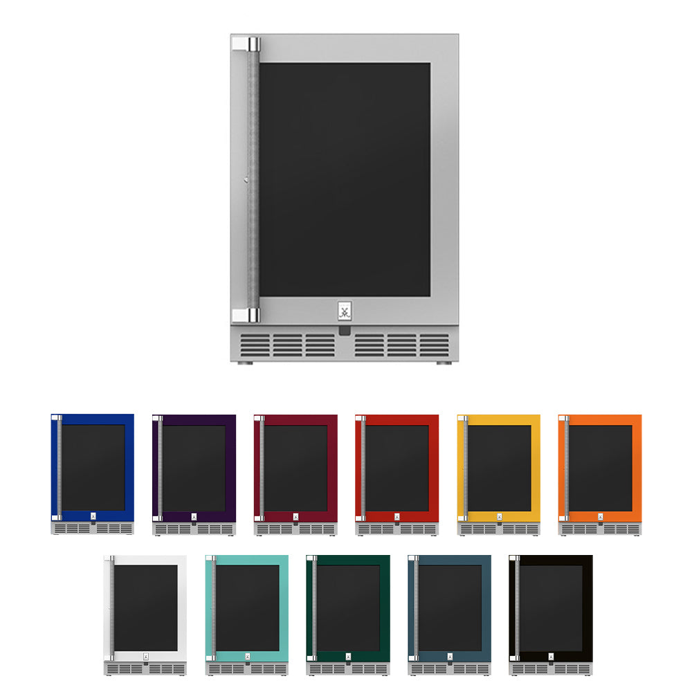 Hestan outdoor built-in refrigerator, color options view with dark door panel