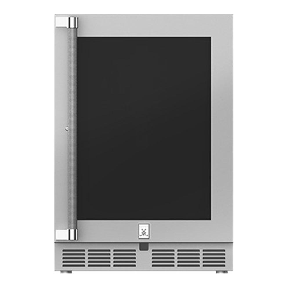 Hestan outdoor built-in refrigerator with gray cabinet and dark door panel