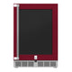 Outdoor built-in refrigerator with black door panel, red cabinet, stainless handles, bottom grille