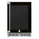 Outdoor built-in refrigerator with black door panel, stainless pull handles, vent grille and control badge
