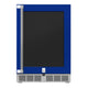 Hestan GRG24 outdoor built-in refrigerator with dark door panel and stainless hinges; blue