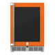 Hestan outdoor built-in refrigerator with orange cabinet and vented bottom grille