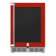 Hestan GRG24 outdoor built-in refrigerator with dark door panel and stainless hinges; red
