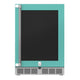 Hestan outdoor built-in refrigerator with teal cabinet and vented bottom grille