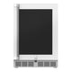 Hestan outdoor built-in refrigerator with dark door panel and gray base vents