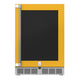 Outdoor built-in refrigerator with black door panel, stainless side handles, bottom vent grille