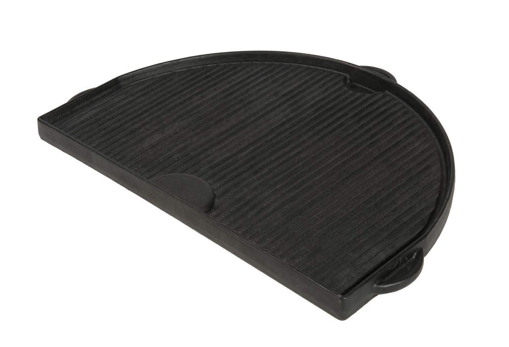 Half-moon cast iron griddle, ridged cooking surface with side handle loops, dark gray