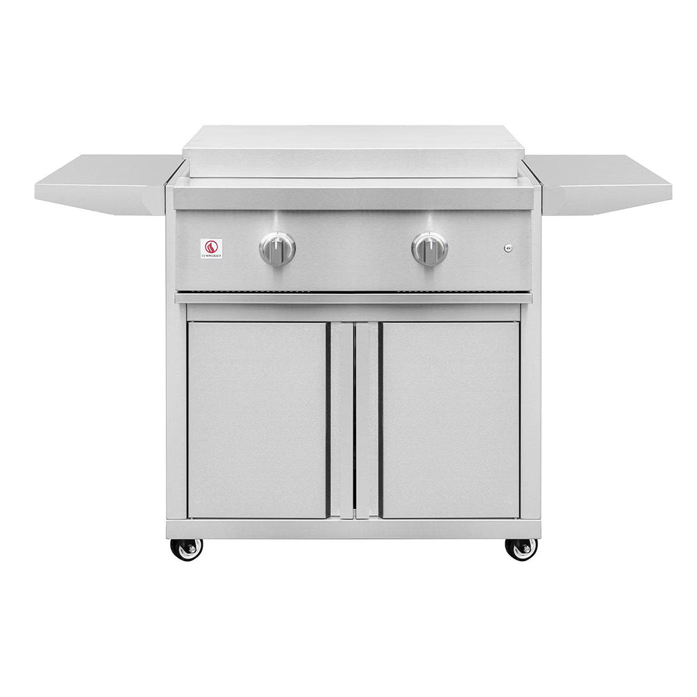 Stainless freestanding gas griddle with side shelves, two control knobs, cabinet doors