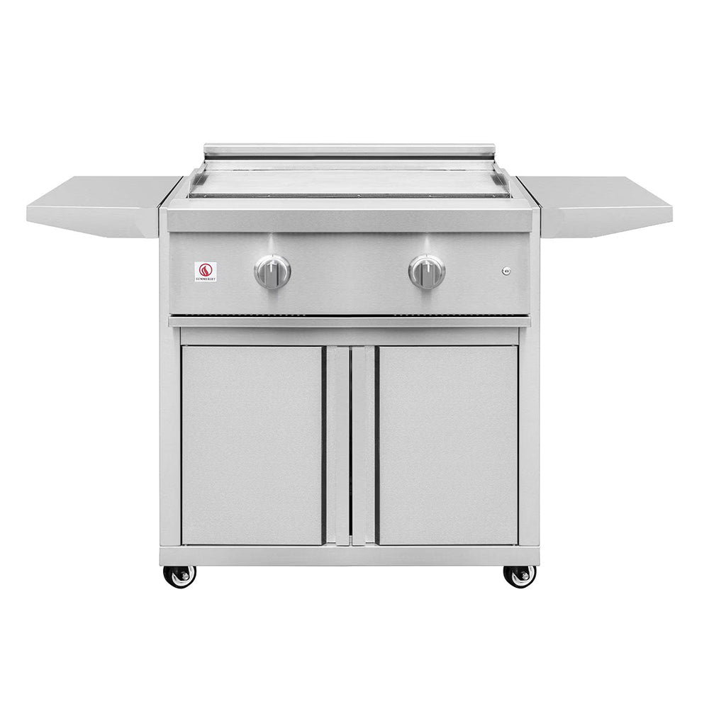 Stainless freestanding gas griddle with side shelves, two front knobs, storage base