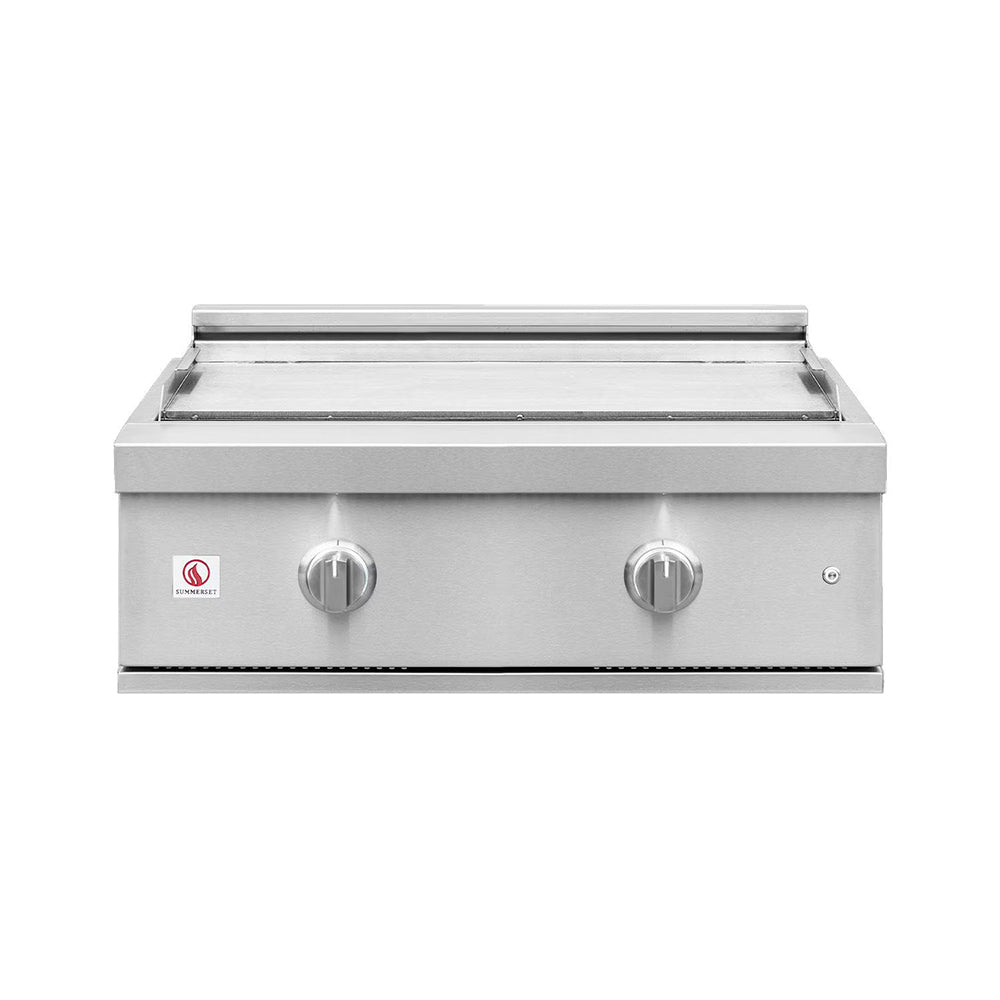 Built-in gas griddle with two front control knobs and stainless-steel front panel