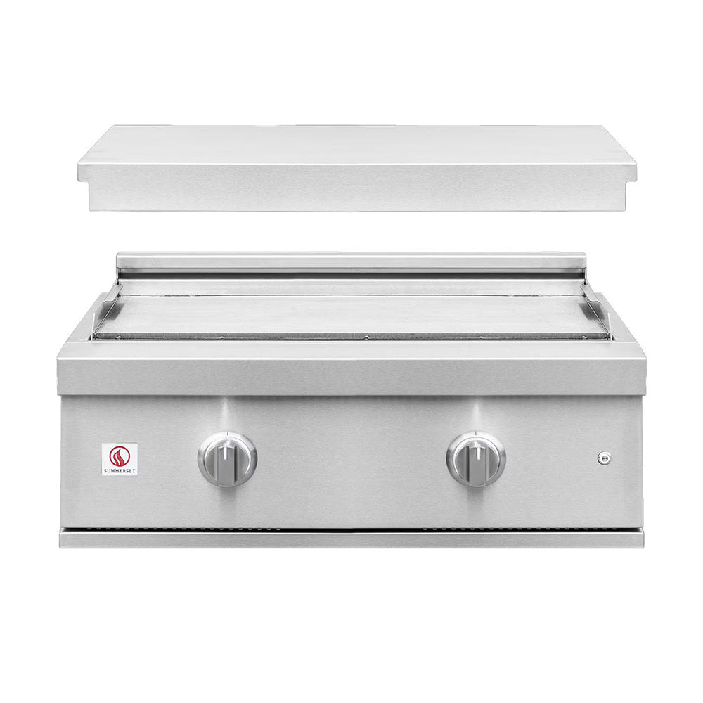 Built-in gas griddle with lid cover, griddle surface, and two front control knobs