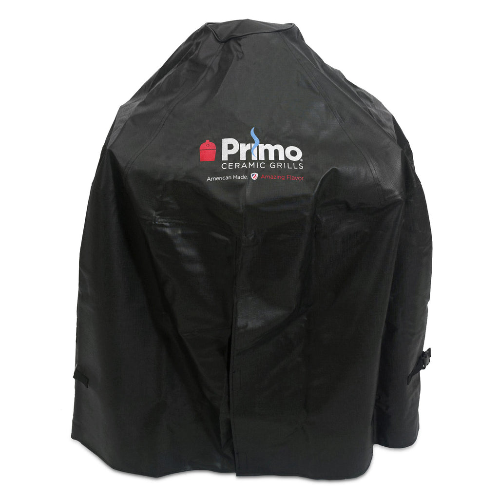 Black Primo vinyl grill cover with logo, full-length for kamado