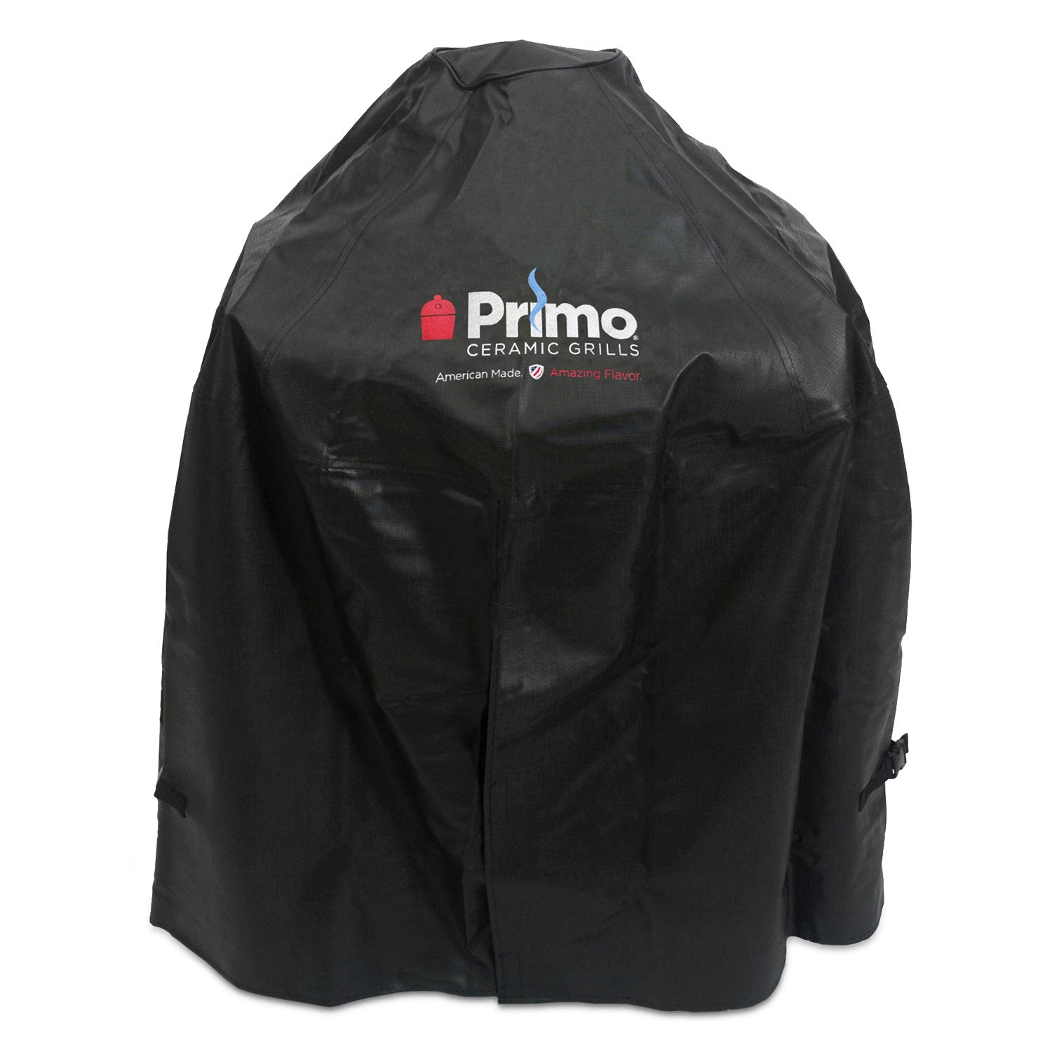 Black Primo vinyl grill cover with logo, full-length for kamado