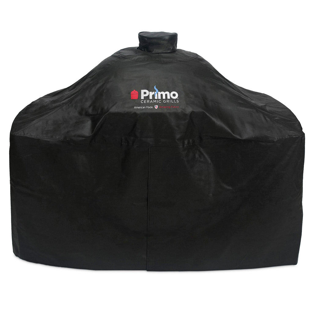 Black vinyl grill cover with Primo logo and center seam; snug top with flap