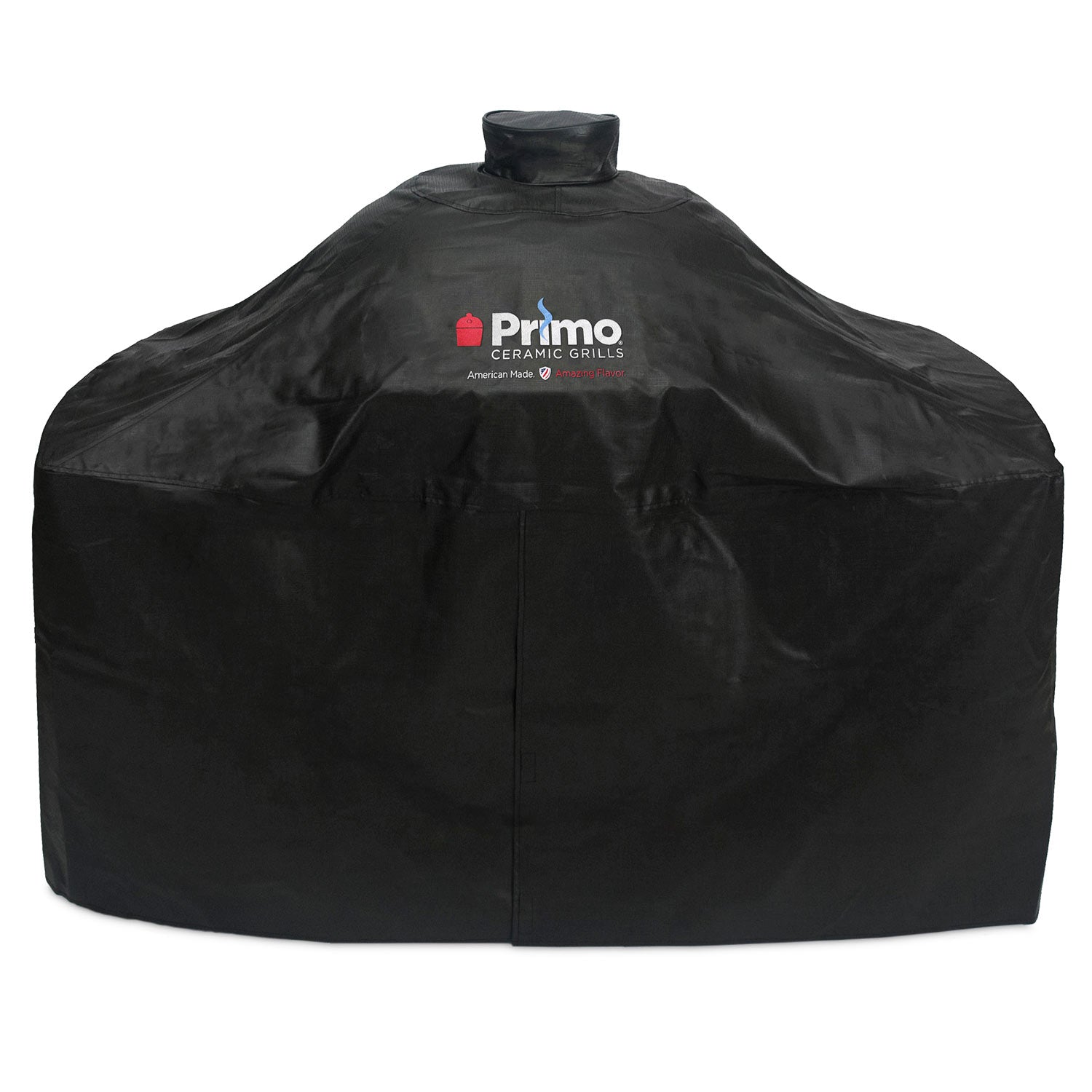 Black vinyl grill cover with Primo logo and center seam; snug top with flap