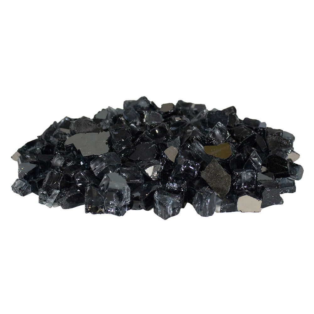Ebony reflective fireglass, dark glass chips for fireplace, 1/2–3/4 in