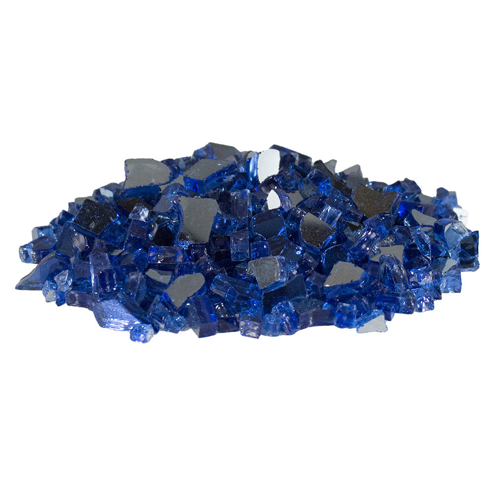 Reflective cobalt blue fireglass stones in mixed clear and dark pieces