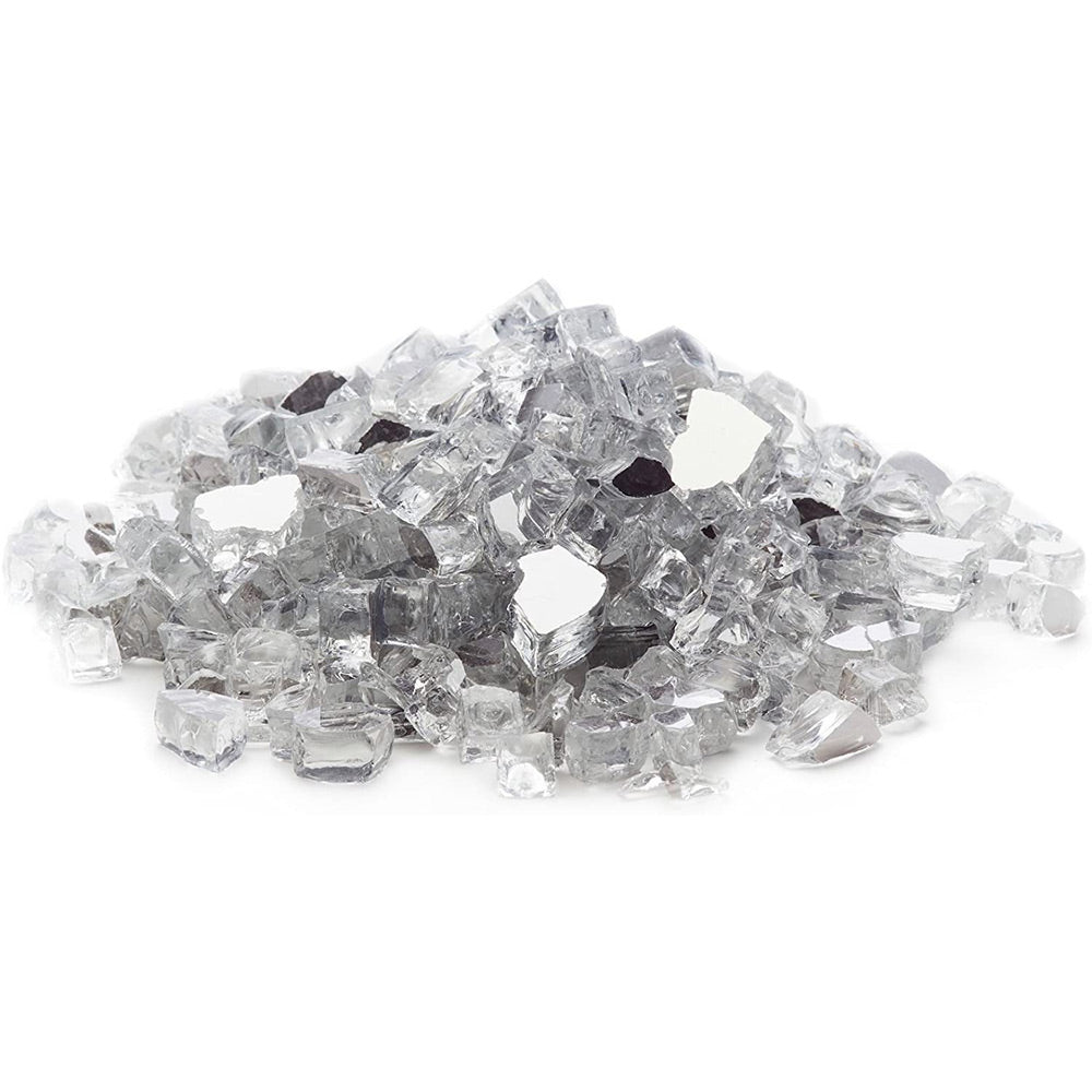 Reflective silver fireglass pieces, 1/2–3/4 in, scattered pile