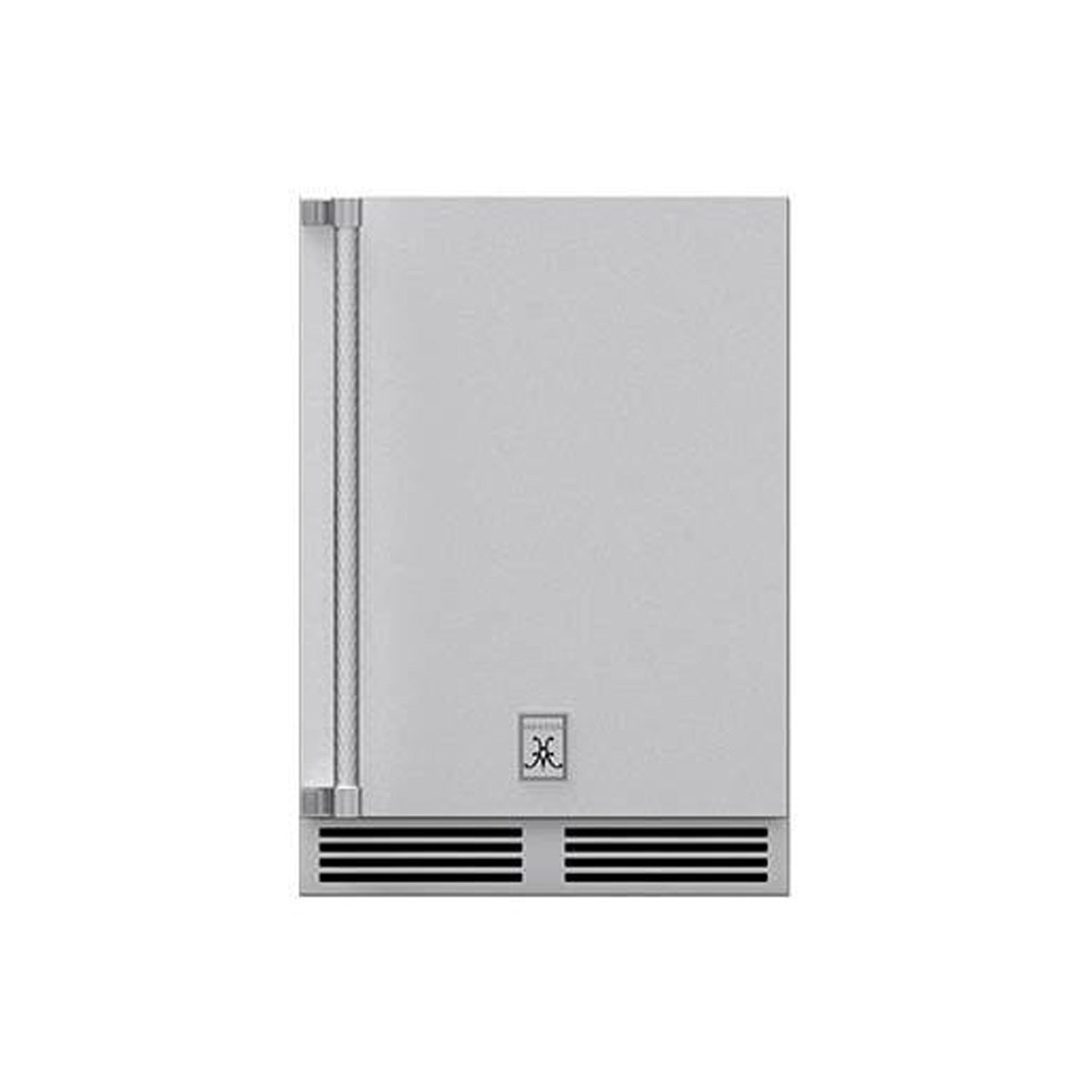 Outdoor dual-zone refrigerator with solid door, bottom vents, and handle columns