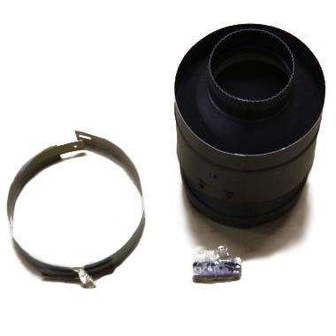 Gas stove vent adaptor kit with black cylindrical duct and mounting clamp