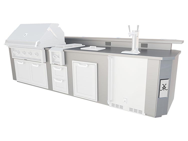 Outdoor grill island suite with stainless grill and storage cabinets, light gray.