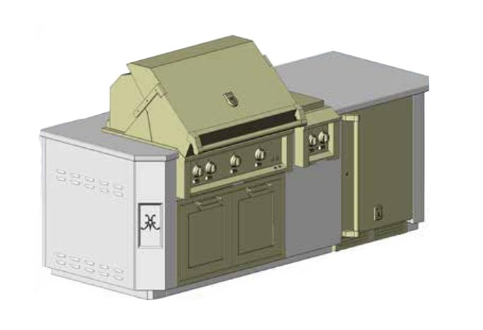 Outdoor grill island suite with side cabinets, drawers, and countertop hood