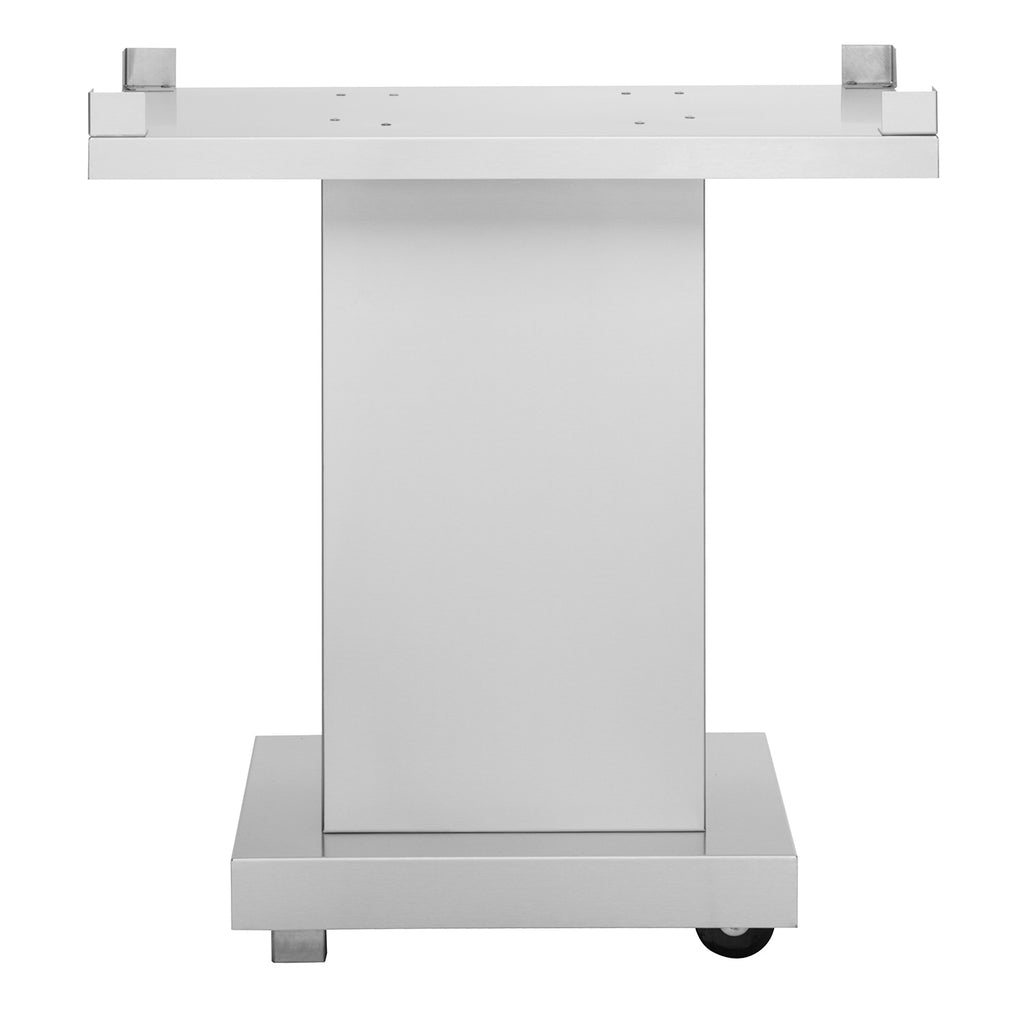 Stainless steel pedestal stand with flat top and base, front panel, and four caster wheels