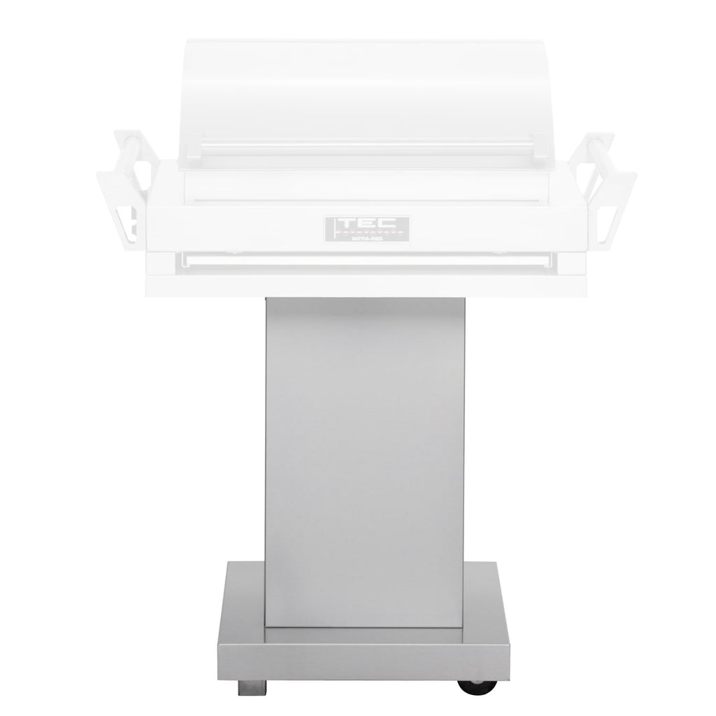 Stainless steel pedestal with recessed top rail, centered logo panel, and caster wheels