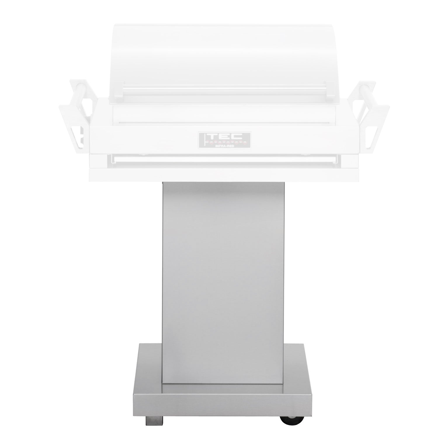 Stainless steel pedestal with recessed top rail, centered logo panel, and caster wheels