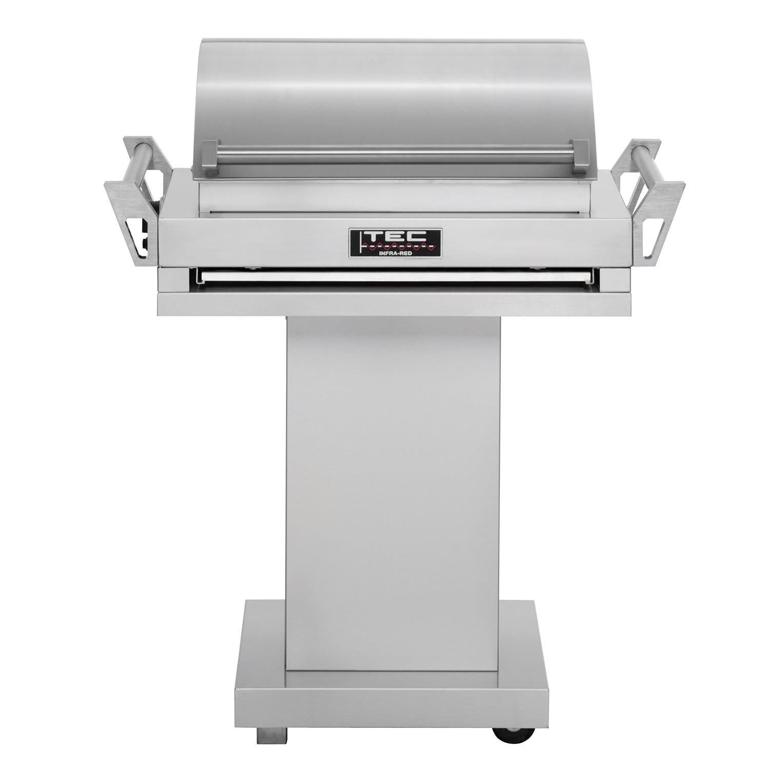 Portable stainless steel grill on pedestal base, front view with control panel