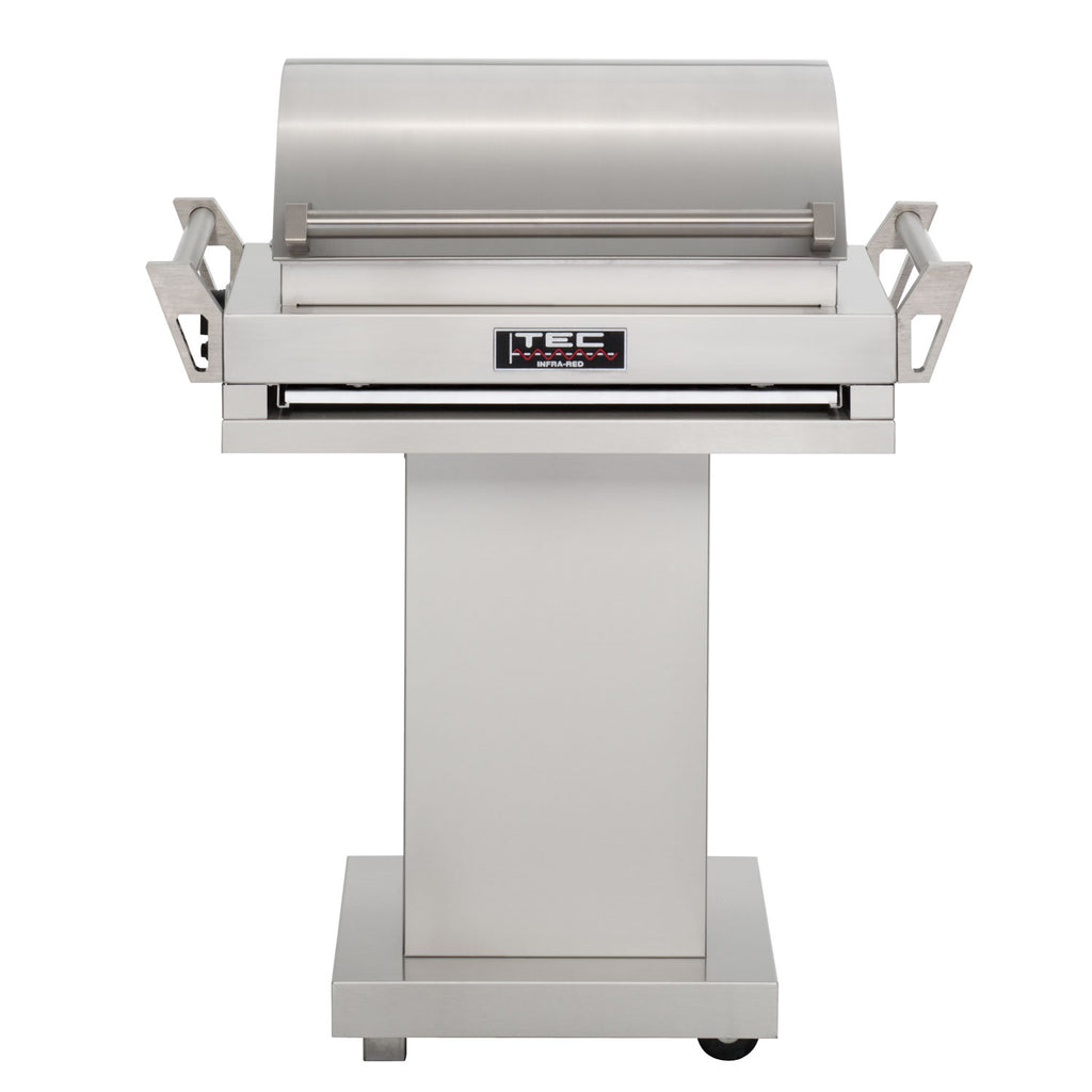 Stainless steel portable tabletop grill with pedestal base and front burner control panel