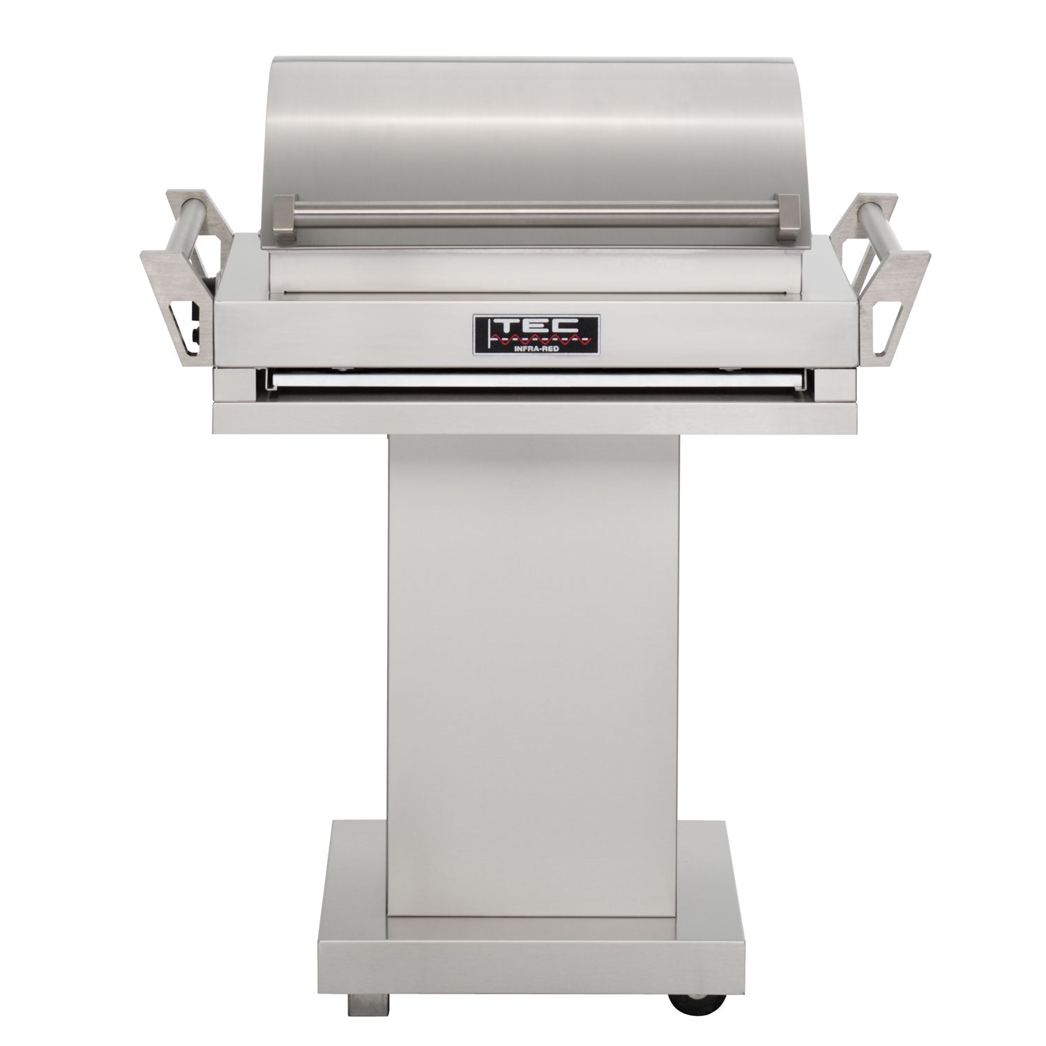 Stainless steel portable tabletop grill with pedestal base and front burner control panel