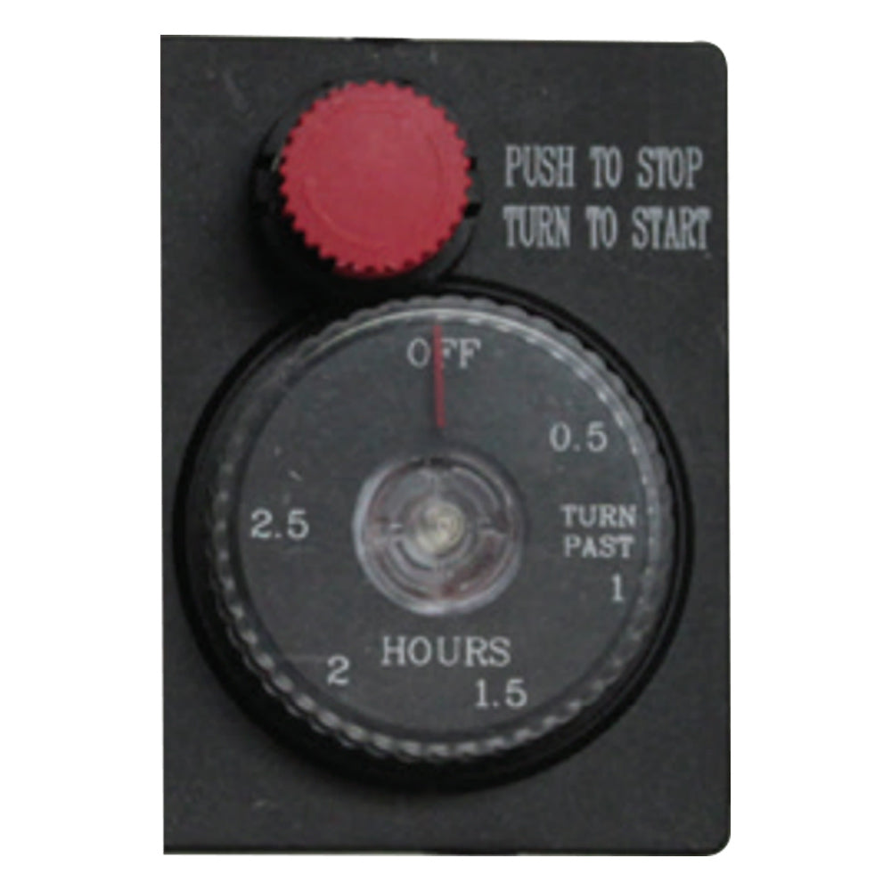 Emergency stop gas timer dial with red knob and OFF/HOURS markings on black panel